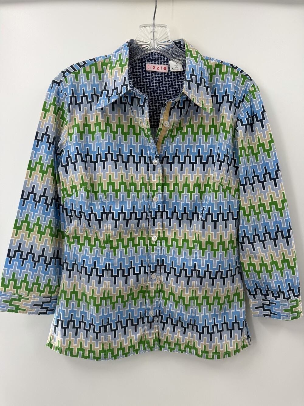 Tizzie Women’s 3/4 Sleeve Geometric Print Button Front Blouse Cotton Size Small
